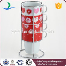wholesale 4pcs 210ml porcelain mug set with iron stand